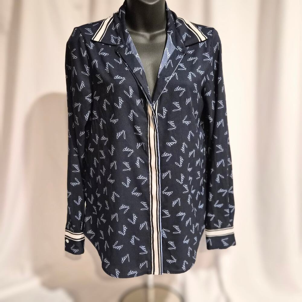 DKNY Signature Logo Script Blouse XS‎ Navy Striped Trim Designer